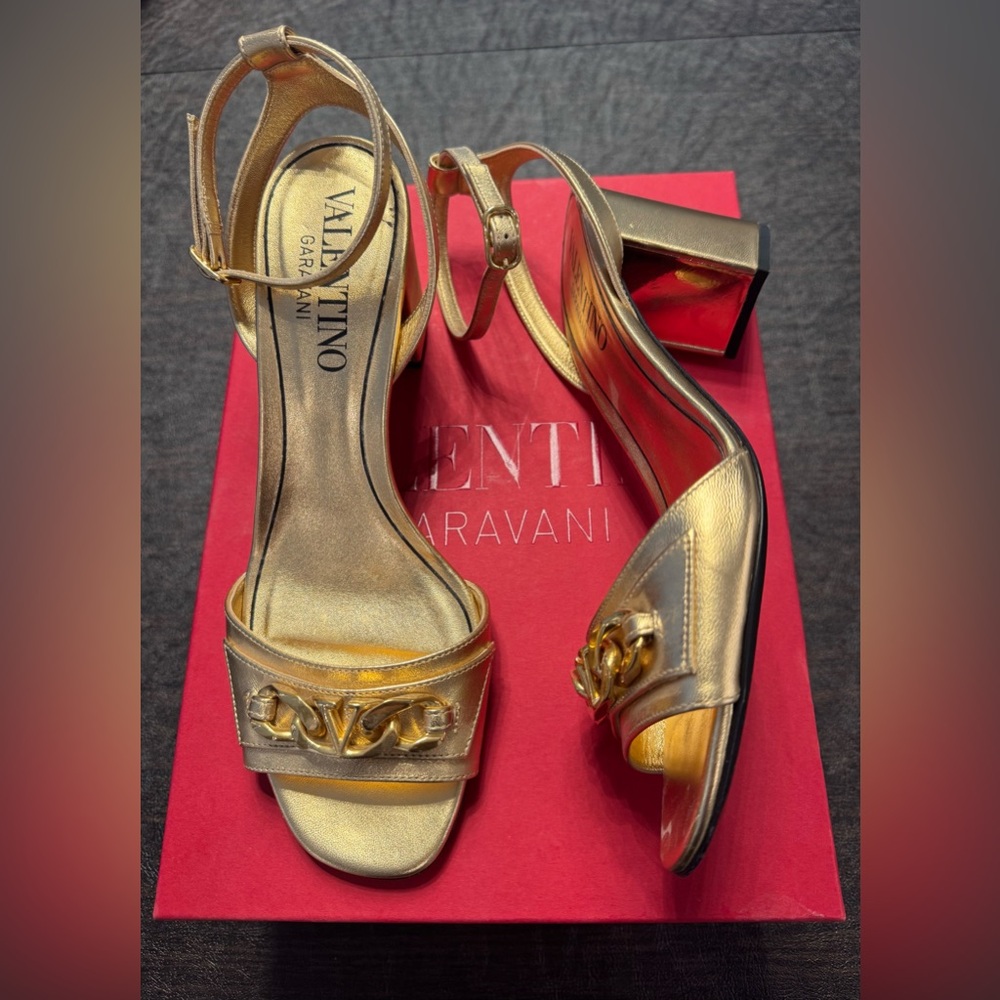 EUC VALENTINO GARAVANI  Metal V Logo Block Heel Sandals, Gold, Sz 39.5